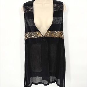 Yasuko Womens Mixed Media Patchwork Longline Vest Black Silk Tencel S/M USA Made
